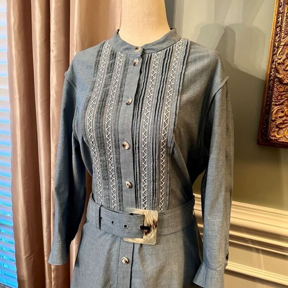 NWOT Lafayette 148 Embroidered Cotton Chambray Midi Shirtdress Shirt Dress 10 - Picture 4 of 5